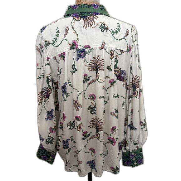 Loft Peacock Print Button Down Blouse Balloon Sleeve White Green Size‎ Large - Picture 5 of 7